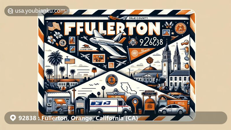 Modern illustration of Fullerton, California, featuring iconic elements such as Orange County outline, California state flag, and symbolic building silhouettes representing Fullerton, set against an airmail envelope background with postal theme elements like stamps, postmarks, and ZIP code 92838, along with a symbolic mailbox.
