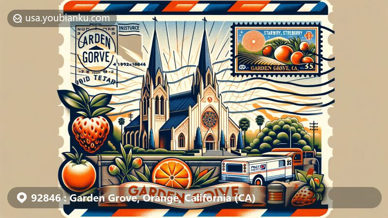 Modern illustration of Garden Grove, California, featuring Christ Cathedral, citrus fruits, and strawberries symbolizing the city's agricultural heritage, with a vintage air mail envelope theme.