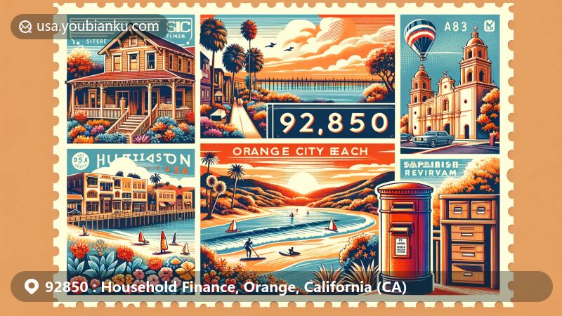 Modern illustration of Orange, California, showcasing the historic Old Towne, Orange District with Bungalow/Craftsman, Mission/Spanish Revival, and Classical Revival architecture, Fullerton Arboretum's diverse plant species, Huntington City Beach with surfers and sunset, Mission San Juan Capistrano's mission architecture, and vintage postal theme with ZIP code 92850.