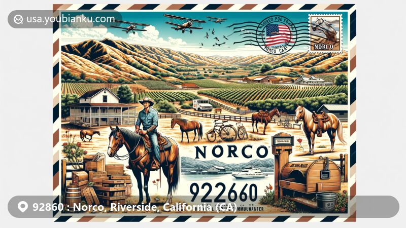 Modern illustration of Norco, California, showcasing rural beauty with rolling hills, vineyards, horses, ranches, and a vintage air mail envelope with ZIP code 92860.