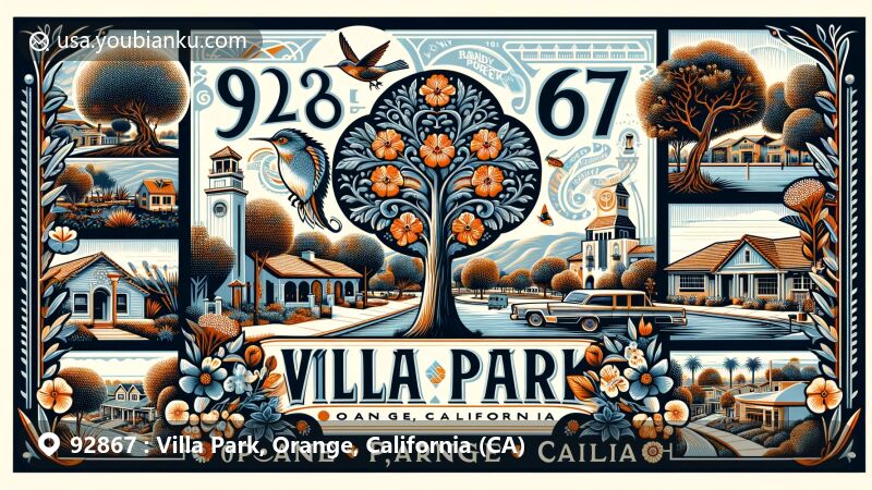 Modern illustration of Villa Park, Orange County, California, capturing the community essence from ranchero past to residential present, featuring symbols like Weeping Fig tree, Orange Blossom flower, and Hummingbird bird, with Villa Park Town Center and Handy Park in the backdrop, embracing rural charm and postal theme with ZIP code 92867.