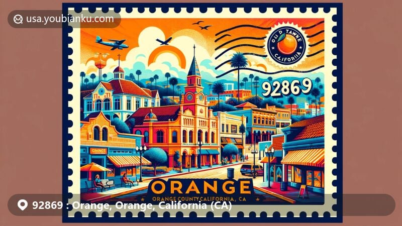Modern illustration of Orange, California, highlighting Old Towne's historic charm and outdoor activities, with a stamp showcasing ZIP code 92869 and the California state flag.