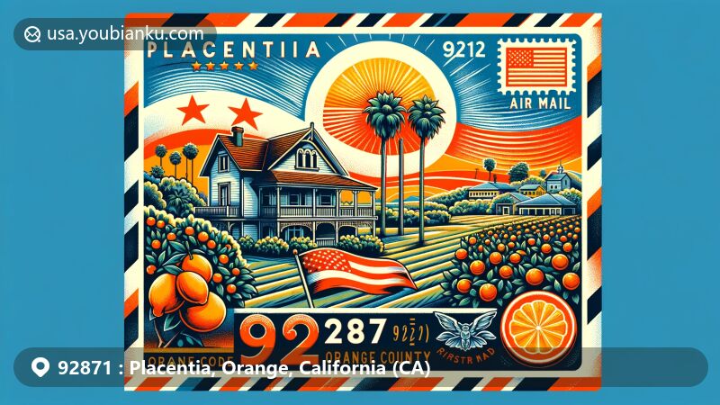 Modern illustration of Placentia, California, with ZIP code 92871, featuring the flag of Placentia and the George Key Ranch Historic District, capturing the region's historical and agricultural essence.