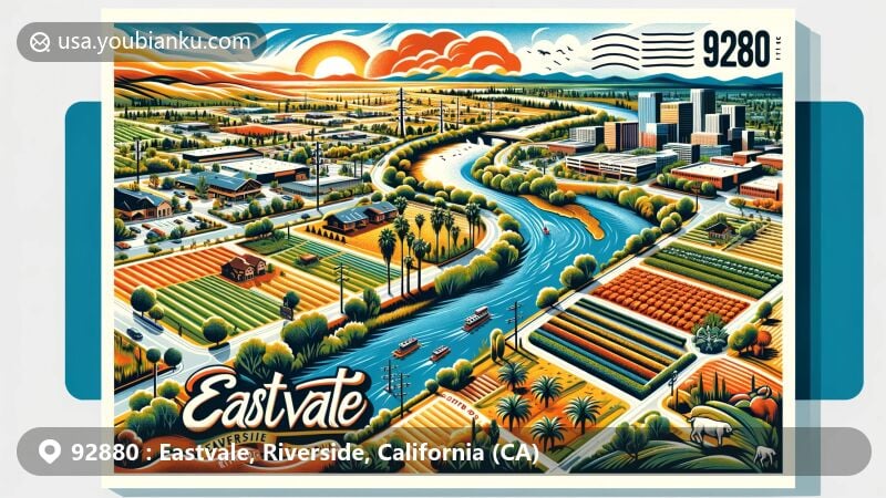 Modern illustration of Eastvale, Riverside, California, capturing the essence of ZIP code 92880 area with Santa Ana River, urban development from agricultural roots, and thriving outdoor lifestyle elements like parks and recreation areas.
