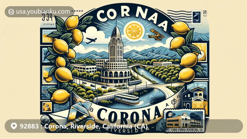 Modern illustration of Corona, Riverside, California, capturing the city's circular layout of Grand Boulevard, Lemon Capital history, and scenic Santa Ana Mountains, merged with thematic postal elements.