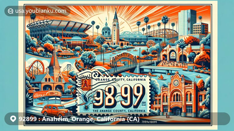 Modern illustration of Anaheim, Orange County, California, showcasing iconic landmarks like Disneyland, Angel Stadium, and the Anaheim Packing District. The design captures the vibrant culture and sunny atmosphere of Southern California, with postal elements including a vintage-style postcard border, a stamp displaying ZIP code 92899, and a postmark symbolizing the area's postal heritage.