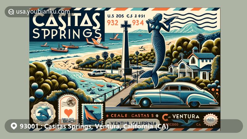 Modern illustration of Casitas Springs, Ventura, California, featuring Serra Cross, marine life at Emma Wood State Beach, eucalyptus groves, and postal elements like vintage air mail envelope with Mermaid statue stamp.