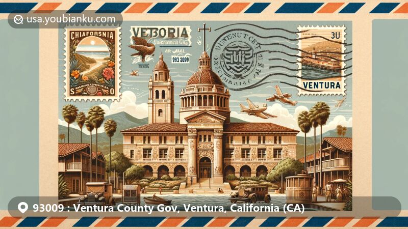 Vintage-style air mail envelope with illustration of Ventura, California, featuring Ventura County Courthouse, San Buenaventura Mission, Ventura Pier, Serra Cross, and Olivas Adobe.