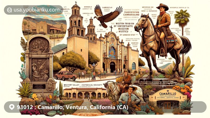 Modern illustration of Camarillo, California, highlighting local landmarks and cultural elements in a postcard style with St. Mary Magdalen Church, Adolfo Camarillo statue, Hollywood stars, and more.