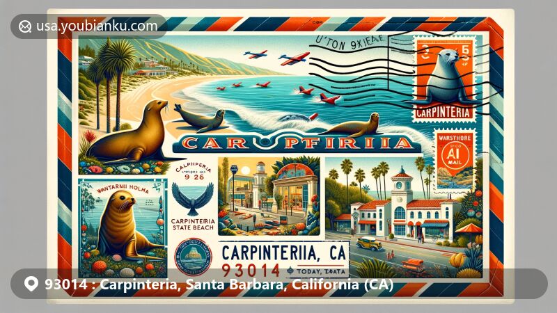 Modern illustration of Carpinteria, CA 93014, featuring vintage air mail envelope design with beach scene, Carpinteria Harbor Seal Preserve, Wardholme Torrey Pine tree, and Palm Loft Gallery art.