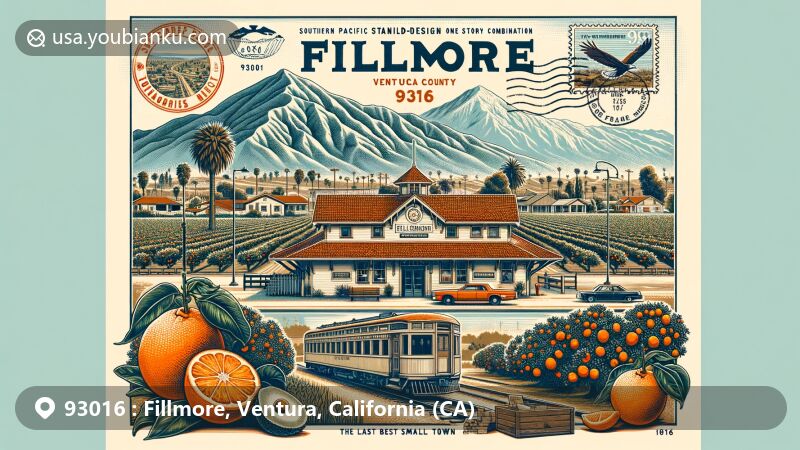 Modern illustration of Fillmore, Ventura County, California, featuring postal theme with ZIP code 93016, showcasing agricultural heritage with orange, lemon, and avocado orchards, and iconic 1887 Southern Pacific Railroad Fillmore Depot. Background depicts Topatopa Mountains and Sespe Condor Sanctuary.