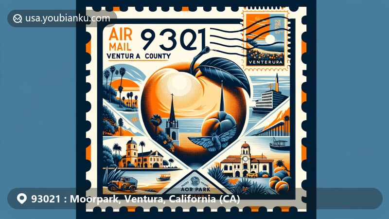 Modern illustration of ZIP code 93021, Moorpark, Ventura County, California, featuring air mail envelope with Moorpark apricot, San Buenaventura Mission, Ventura Pier, Serra Cross, and California state flag.