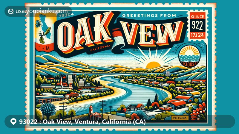 Modern postcard illustration of Oak View, Ventura County, California, featuring Ventura River, Lake Casitas, and local community symbols, capturing the essence of the nature-rich environment.