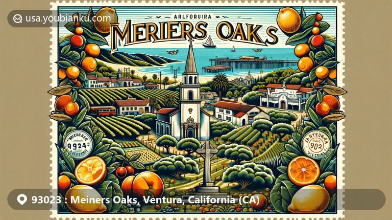 Modern illustration of Meiners Oaks, Ventura, California, portraying rich history and natural beauty with oak groves, citrus orchards, and iconic landmarks like San Buenaventura Mission and Serra Cross at Grant Park.