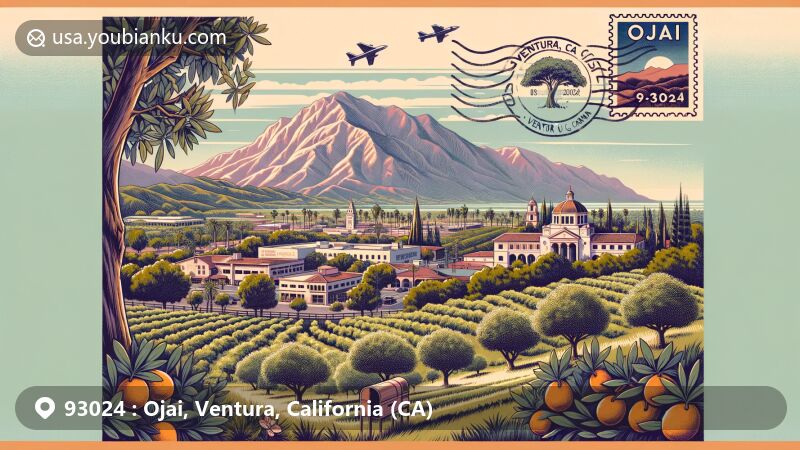 Modern illustration of Ojai, Ventura County, California, featuring panoramic view of Ojai Valley with Topatopa Mountains, capturing the famous 'pink moment' at sunset, showcasing Ojai Arcade and Ojai Valley Museum, and highlighting olive and citrus groves representing local olive oil production and agriculture, incorporating vintage postcard layout with Ojai Valley stamp, Ojai, CA 93024 postmark, and airmail envelope edge, designed in a modern art style for web usage, emphasizing Ojai's unique beauty and cultural significance in Ventura County.