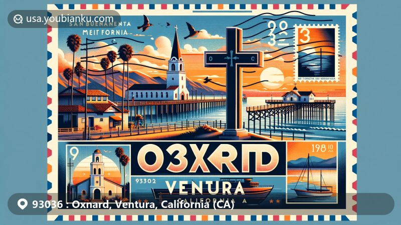 Artistic depiction of Oxnard and Ventura areas in ZIP code 93036, showcasing iconic landmarks and cultural elements.