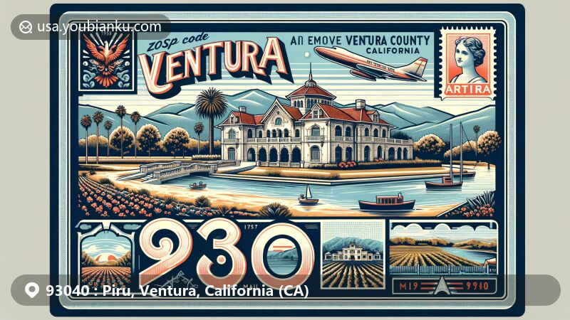 Modern illustration of Piru area, Ventura County, California, resembling a vintage postcard with ZIP code 93040, showcasing Piru Mansion, Lake Piru, Santa Clara River, agricultural richness, and postal theme elements.