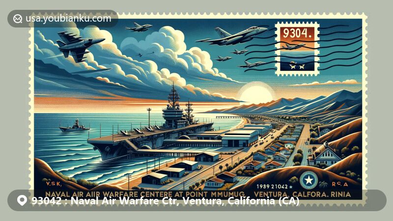 Modern illustration of Naval Air Warfare Center, Point Mugu, Ventura County, California, featuring naval aircraft and coastal vista, designed in postcard style with stamp showing ZIP code 93042 and Naval Air Warfare Ctr, Ventura, California, along with American and California state symbols.