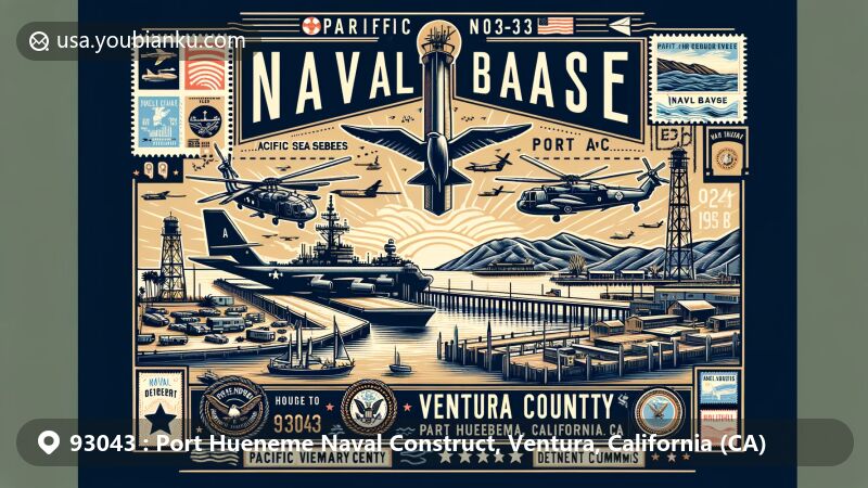 Modern illustration of ZIP code 93043, Port Hueneme Naval Construct in Ventura County, California, featuring Naval Base Ventura County (NBVC) facilities, Pacific Seabees symbols, and postal elements with airmail envelope design.