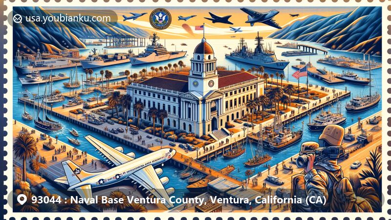 Modern illustration of Naval Base Ventura County, Ventura, California, showcasing military and maritime heritage with Point Mugu, Port Hueneme, and San Nicolas Island, featuring Seabees, military aircraft, ships, and the Ventura County Courthouse now Ventura City Hall. Includes outdoor activities at Point Mugu State Park and Point Mugu Missile Park, creatively framed within a postal theme with ZIP code 93044.