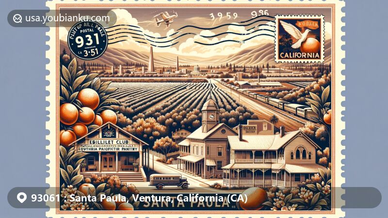 Modern illustration of postal code area 93061 in Santa Paula, California, highlighting 'Citrus Capital of the World' status and iconic landmarks like California Oil Museum and Ebell Club, set in the scenic Santa Clara River Valley.