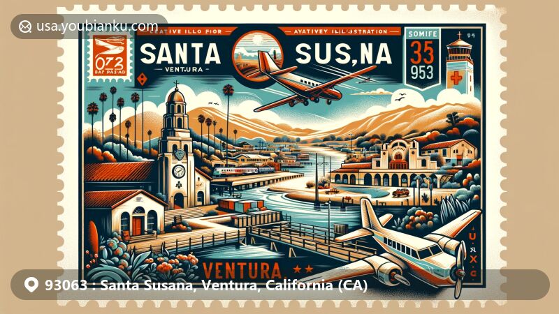 Modern illustration of Santa Susana area in Ventura County, California, representing ZIP code 93063 with postal theme, featuring Santa Susana Depot, Burro Flats Painted Cave, Serra Cross, and San Buenaventura Mission.