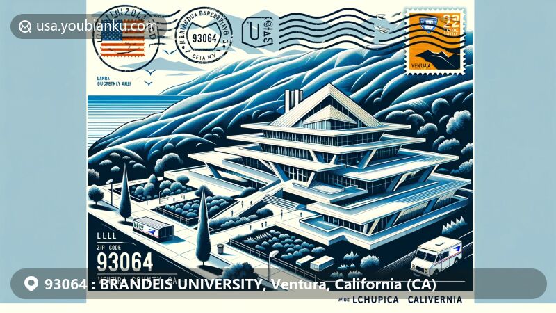 Modern illustration of Brandeis-Bardin Campus in Brandeis University, Ventura, California, featuring iconic 'House of Books' building symbolizing education and spiritual pursuits, set amidst rolling hills echoing Judean Hills of Israel, with outlines of Ventura County and California state flag. Postcard style design integrates stamps, postmark with '93064' ZIP code, mailbox, mail van motifs, and faint outlines of Simi Mountain, highlighting the region's natural beauty.