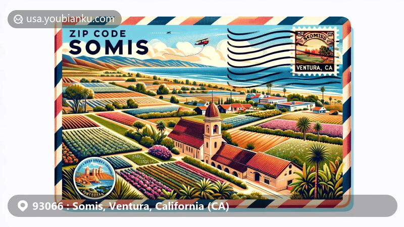 Vintage illustration of Somis, Ventura, California, portraying agricultural richness with farms and nut orchards, featuring Somis Nut House and San Buenaventura Mission stamp on air mail envelope.
