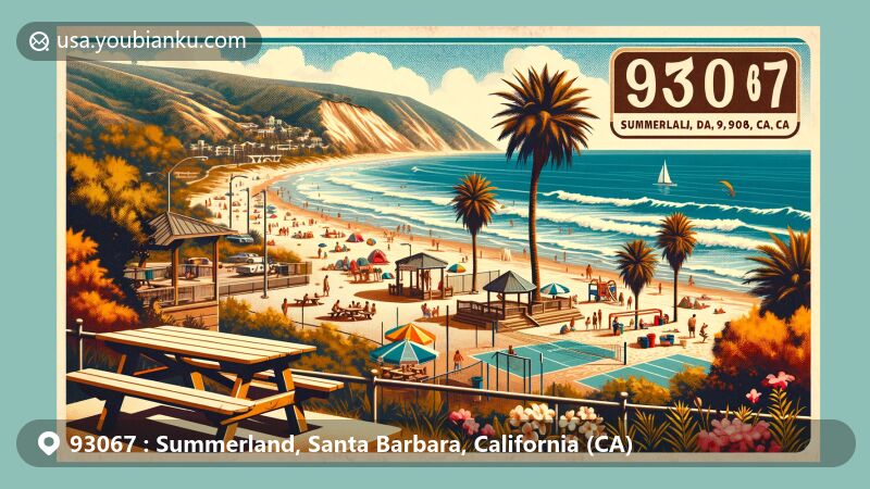 Modern illustration of Summerland, Santa Barbara, California, showcasing Lookout Park and Summerland Beach, featuring a sandy beach, blue waters, family-friendly amenities like picnic tables and playground, and stunning coastal bluffs.