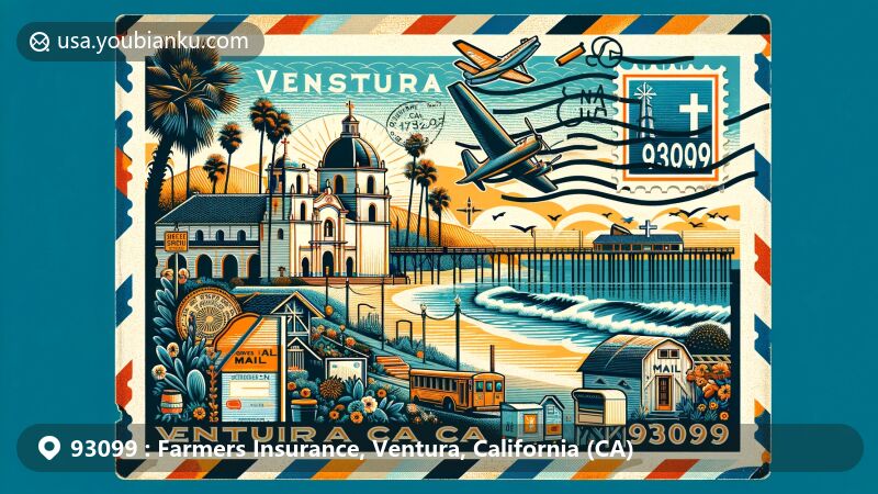 Modern illustration of Ventura, California, featuring iconic landmarks like San Buenaventura Mission, Ventura Pier, and Serra Cross at Grant Park, with postal elements including vintage air mail envelope background and stamp, highlighting city's history and coastline.