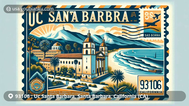 Modern illustration of Santa Barbara, California, and University of California, Santa Barbara, highlighting postal theme with ZIP code 93106, showcasing coastline, Mission architecture, and Spanish Colonial Revival style of Courthouse.