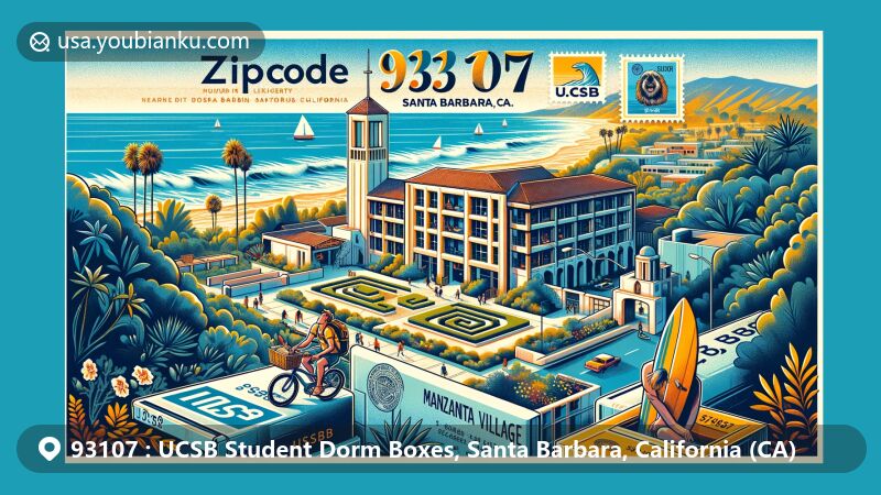 Illustration of UCSB Student Dorm Boxes in Santa Barbara, California, showcasing Manzanita Village residence hall on bluffs above the Pacific Ocean, with iconic landmarks like the labyrinth and a surf culture symbol. Includes postal elements and ZIP code 93107 in a modern web-friendly design.