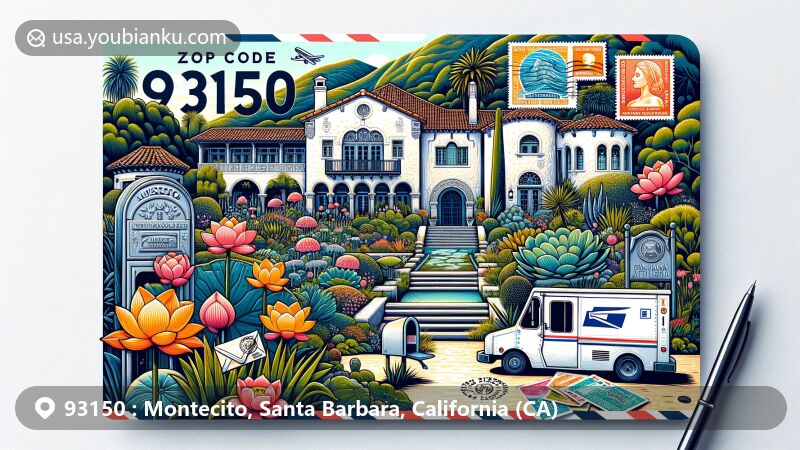 Artistic depiction of Montecito, California, showcasing ZIP Code 93150, with emphasis on Casa del Herrero estate and Ganna Walska Lotusland gardens.