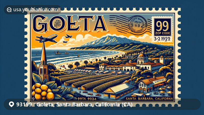 Artistic depiction of Goleta, Santa Barbara County, California, emphasizing its coastal beauty and postal theme with ZIP code 93199.