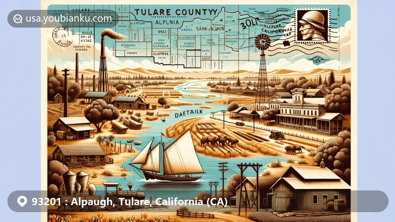 Modern illustration of Alpaugh, California, representing its historical and postal significance, featuring the establishment in the San Joaquin Valley, ties to Old Tulare Lake, and the Mose Andross ship symbolizing early transportation and agriculture.