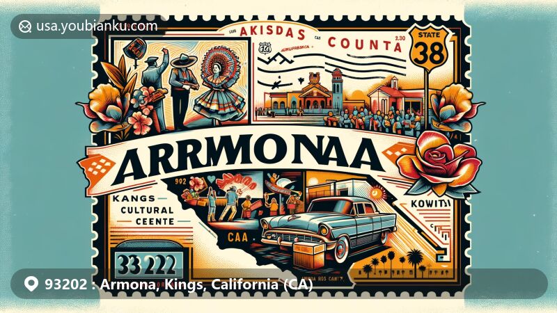 Modern illustration of Armona, Kings County, California, with ZIP code 93202, featuring outline of Kings County, State Route 198, and the cultural vibrancy of Kings Cultural Center, showcasing Folklorico, Hawaiian, Hip Hop dance, Drawing, and Mariachi music.