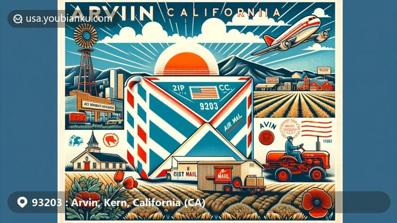 Modern illustration of Arvin, Kern, California (CA) showcasing postal theme with ZIP code 93203, featuring agricultural elements, Bear Mountain, and postal history.