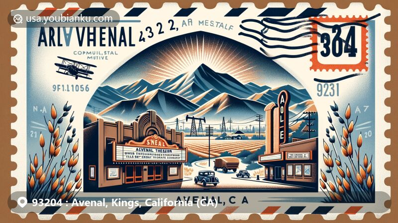 Modern illustration of Avenal area, California, showcasing postal theme with ZIP code 93204, featuring Kettleman Hills, Avenal Theater, Avenal State Prison, oat fields, and oil derricks.