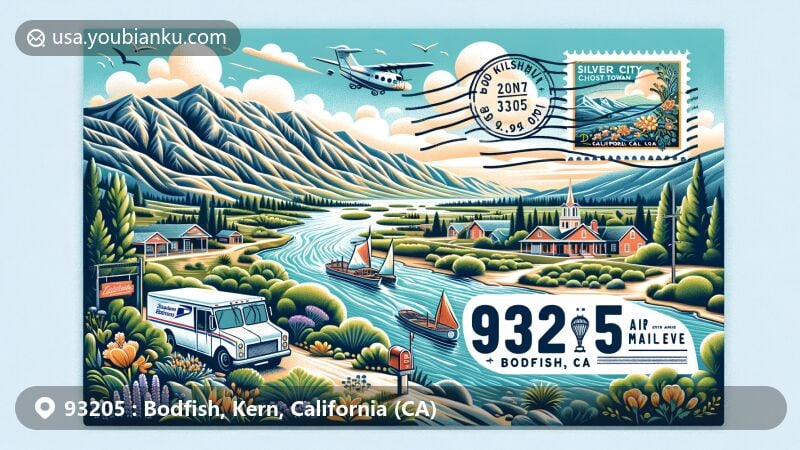 Modern wide illustration of Bodfish, California, showcasing postal theme with ZIP code 93205, featuring Kern River flowing through Bodfish, with serene Lake in the background.