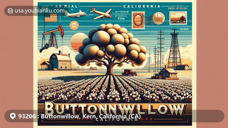 Modern illustration of Buttonwillow, Kern County, California, featuring the iconic Buttonwillow Tree, cotton fields, and oil derrick, with vintage air mail elements and the ZIP code 93206.