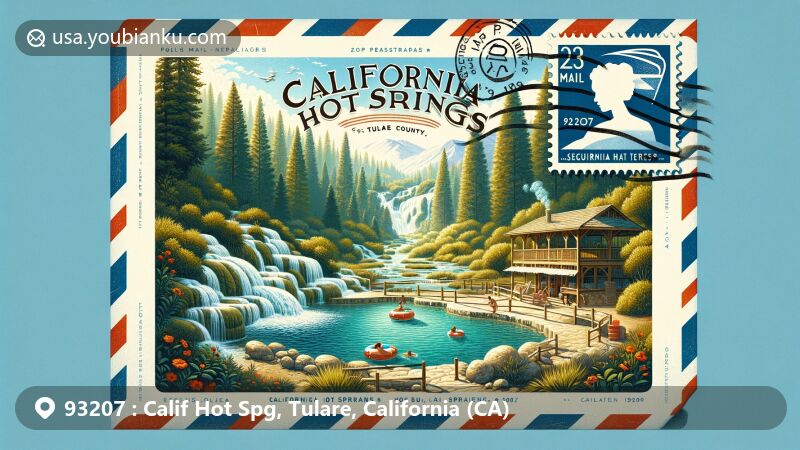 This modern illustration depicts California Hot Springs in Tulare County, California, with serene hot springs in Sequoia National Forest, complemented by vintage air mail elements.