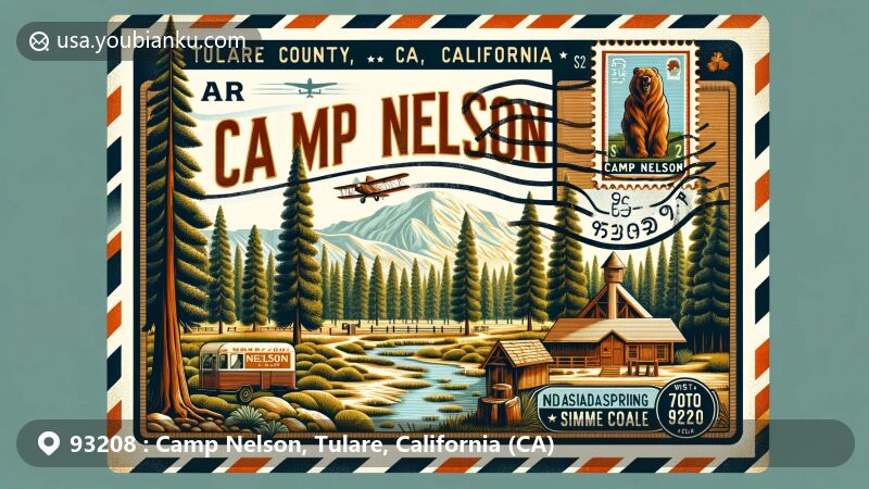 Modern illustration of Camp Nelson, Tulare, California, featuring retro airmail envelope with Nelson Trail's artistic scene and Soda Spring, symbolizing natural charm, postal cancellation 'Camp Nelson, CA 93208,' and redwood stamp.