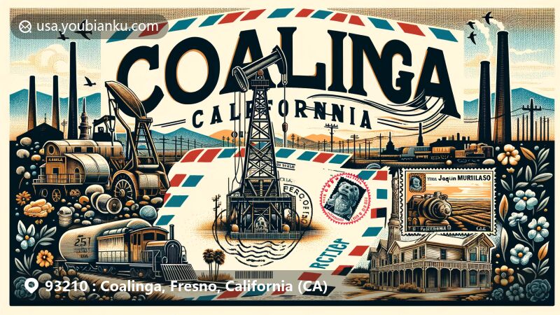 Artistic illustration of Coalinga, Fresno County, California, capturing the city's industrial and cultural heritage with symbols like Coalinga oil fields, Joaquin Murrieta, and steam locomotive coaling station.