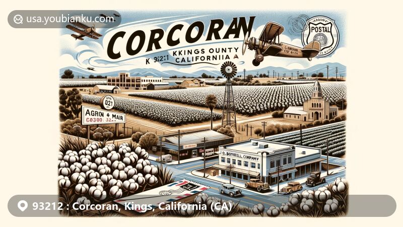 Modern illustration of Corcoran, Kings County, California, showcasing agricultural landscape and J. G. Boswell Company's significance in the area, with postal elements like vintage air mail envelope and Corcoran postal mark.
