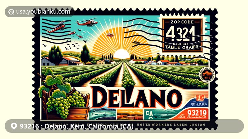 Modern illustration of Delano, CA, showcasing postal theme with ZIP code 93216, featuring The Forty Acres stamp and date-stamped envelope, representing community spirit, cultural diversity, and agricultural heritage.