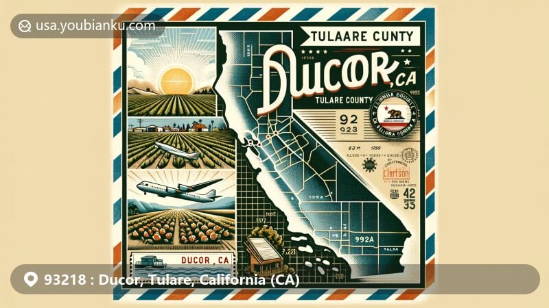 Modern wide-format illustration of Ducor, Tulare County, California, with ZIP code 93218, showcasing geographical setting, postal elements, and local agricultural landscape.