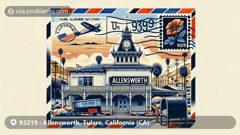 Modern illustration of Allensworth, Tulare County, California, featuring a notable landmark from Colonel Allensworth State Historic Park.