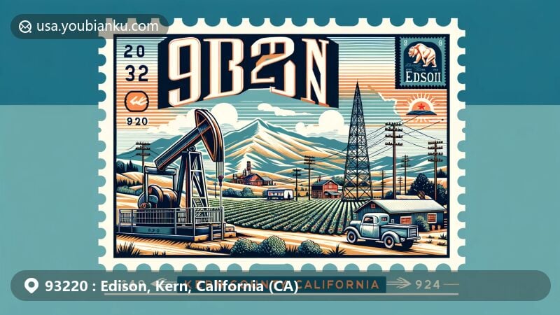 Modern illustration of Edison, Kern County, California, with ZIP code 93220, showcasing Tehachapi mountains, an oil derrick symbolizing Edison Oil Field, Kern County outline, state flag, and potato farm, celebrating local history and identity with vintage postal elements.