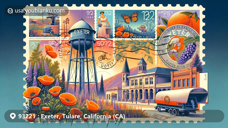 Modern illustration of Exeter, California, featuring the historic Exeter Water Tower at the center, surrounded by iconic murals like Orange Harvest, Packing Ladies, and Emperor Grape Festival. The background displays local flora motifs of poppies and lupines.