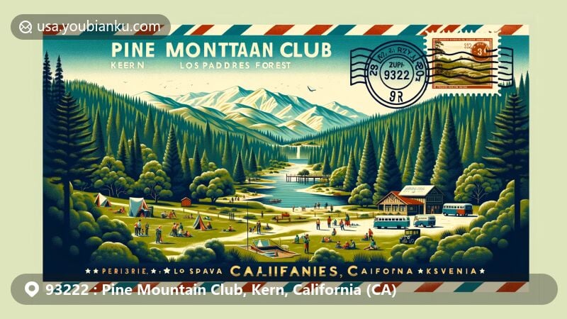 Modern illustration of Pine Mountain Club, Kern County, California, in ZIP code 93222, set in Los Padres National Forest, highlighting natural beauty and community life.